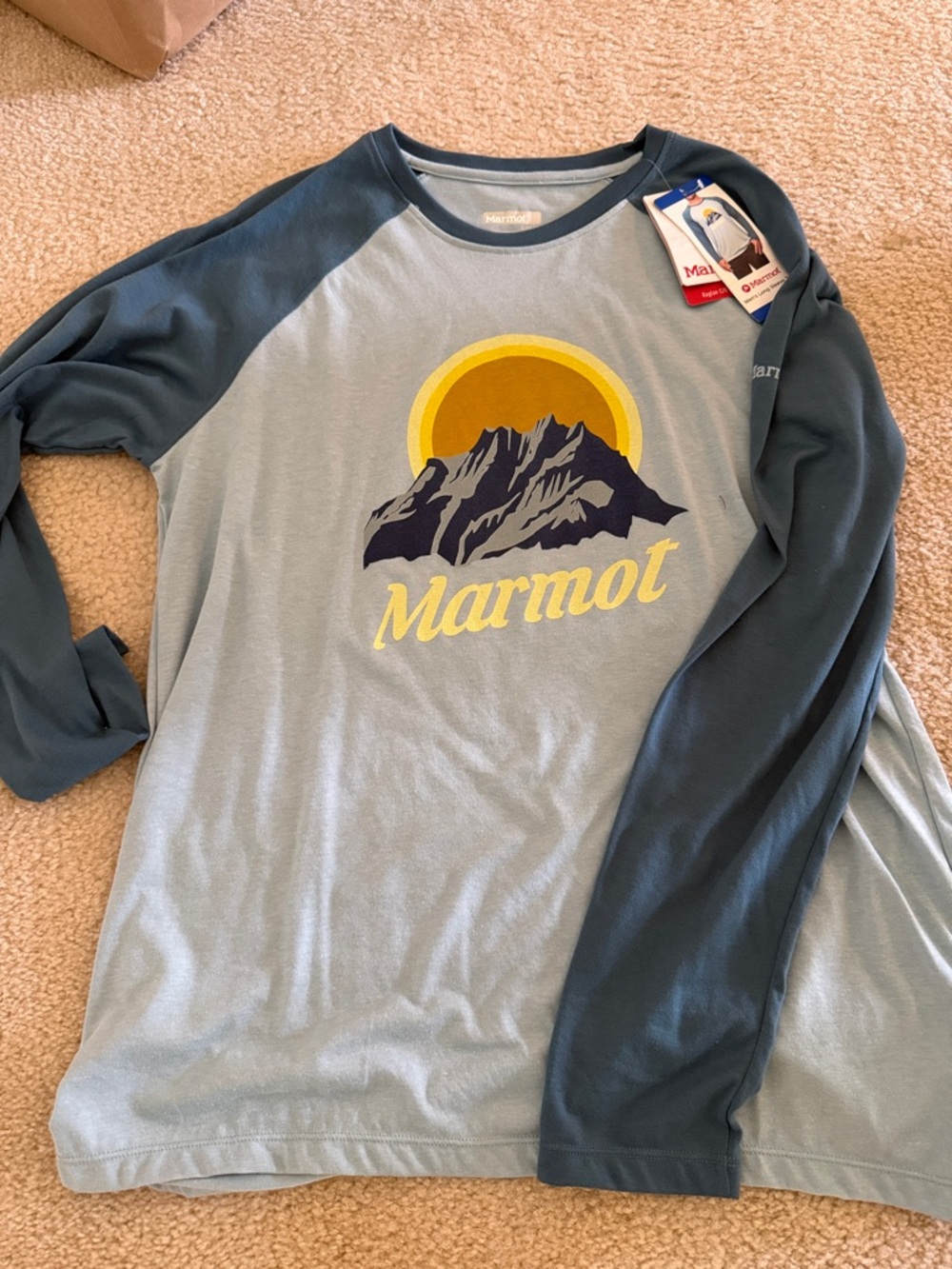 Marmot Two-Tone Raglan Tee in Light Blue and Dark Teal with Mountain Sun Graphic